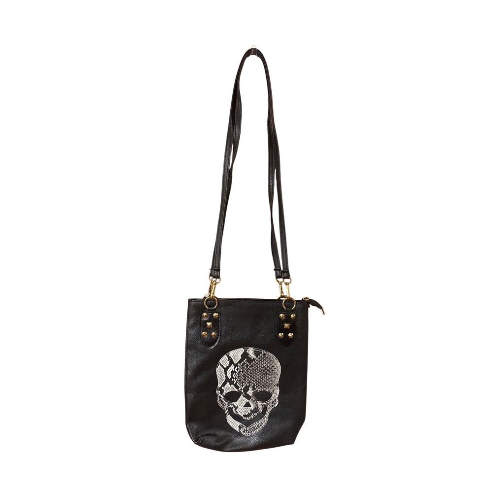 Black Faux Leather Skull Crossbody Bag‎ Snakeskin Print Gold Studded Messenger